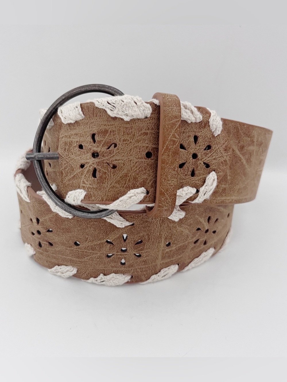 Boho Tan PU Leather Belt with White Braided Accent
